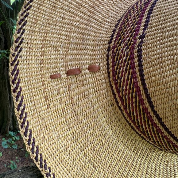 African Handwoven Elephant Grass Bolga Sun Hat Maroon Detail Leather Chinstrap - Picture 4 of 12